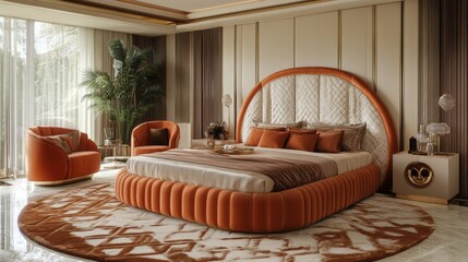 Fototapeta premium Luxurious Modern Bedroom Interior with Large Bed and Plush Seating