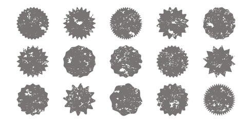 Sticker starburst shape, grunge badge star, sale round charcoal icon, price tag, dirty sun label isolated on white background. Award, achievement, medal crayon set. Charcoal vector illustration
