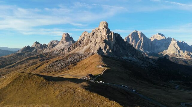 Passo Giau and Ra Gusela mountain in the evening in autumn, Dolomites, Italy, drone video, aerial footage