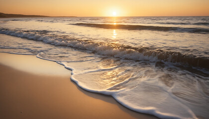 "Golden Sands at Sunset with Gentle Waves: Capturing the Tranquil Beauty of a Beach at Sunset with Soft Waves and Warm Sunset Light, Perfect for Relaxing, Serene, and Natural Beach Photography."
