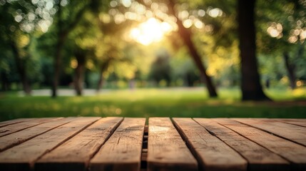 Fototapeta premium Empty wooden table top with a blurred green park background for product display montage, a summer concept.