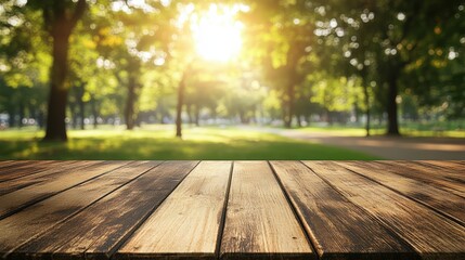 Fototapeta premium Wooden table in a sunny green park, perfect for picnics and outdoor activities with a scenic nature backdrop