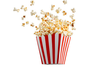 Popcorn flying out of red white striped paper box isolated on white, transparent background, PNG, with copy space. Splash, levitation of popcorn grains.