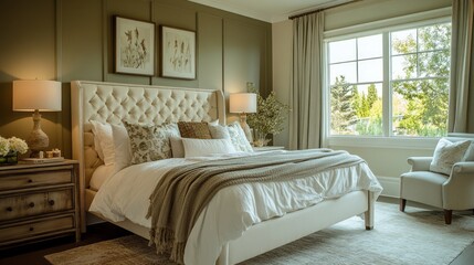 Fototapeta premium A Luxurious Bedroom with a White Bed, Tan Throw Blanket, and a Large Window
