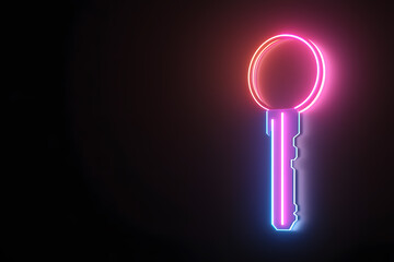 A holographic digital key glowing with neon colours, radiating futuristic energy and shimmering with vibrant hues as it symbolises cutting-edge technology and security