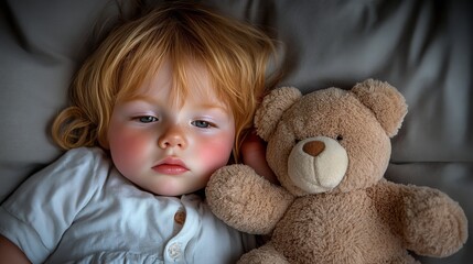 Redhead Toddler with Rosy Cheeks Comforted by Teddy Bear in Bed, Conveying Childhood Illness