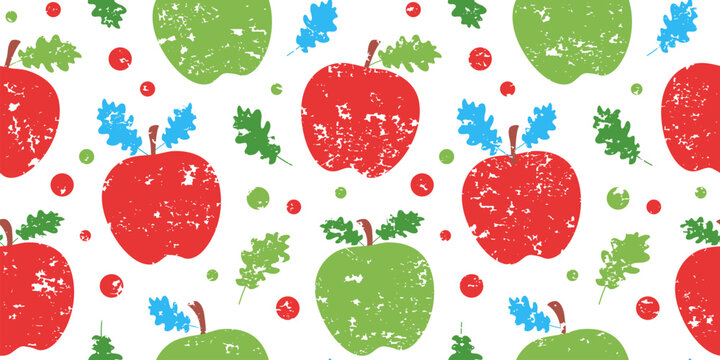 Christmas apple seamless pattern, sweet fruit with leaf mistletoe crayon grunge background, color holiday charcoal decoration New Year. Cute Xmas child chalk print. Cartoon winter vector illustration