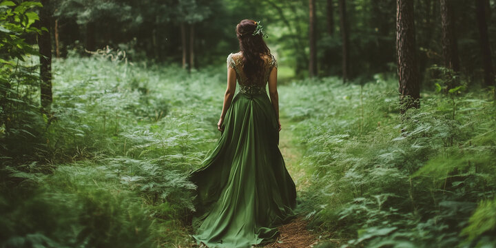 Back view of a woman with long hair and green dress gown walking a forest path, beautiful elf in elven style, princess or queen vintage medieval magic fantasy cosplay