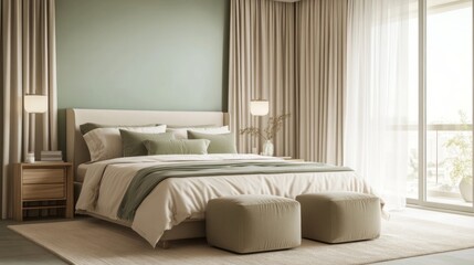 Minimalist Bedroom Interior with Beige Bed, Green Accents, and Natural Light