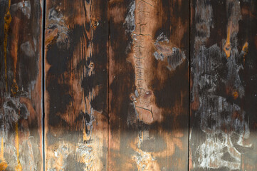 Exploring the intricate patterns of charred wood from an ancient fire along a rustic wall