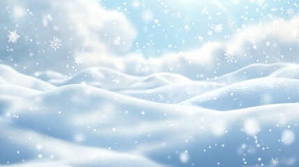 A serene winter landscape covered in fresh snow under a bright blue sky with fluffy clouds and gently falling snowflakes