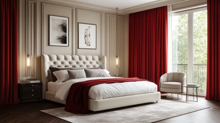 Obraz premium Luxurious Bedroom Interior with Red Curtains, Upholstered Bed, and Window View