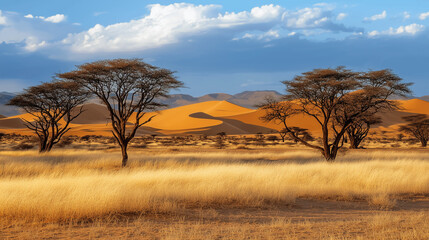 The African savanna with trees, tall grass, sandy stretches, mountains in the background, and a...