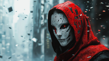 Mysterious cybernetic figure with red hood and digital mask in a futuristic cityscape with floating debris