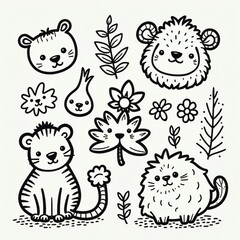 Fototapeta premium Cute Animals & Nature Illustration - Simplified Vector Line Art