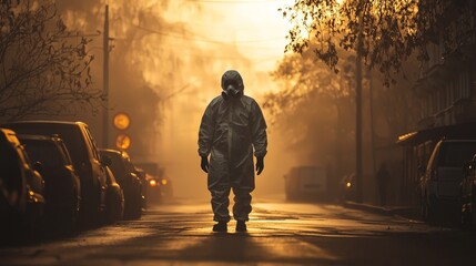 evening autumn fog man respirator suit and protective mask sprays disinfectant deserted city street ensuring sanitation and public health safety.