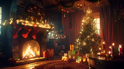 Interior of a cozy living room decorated for Christmas, a crackling fireplace with stockings hanging, a beautifully lit Christmas tree adorned with ornaments
