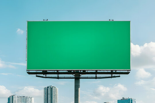 A large green screen billboard mounted on a building, ready for customisable digital content, standing out against the urban landscape.