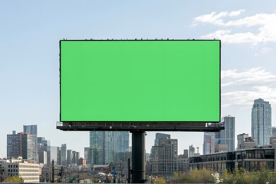 A large green screen billboard mounted on a building, ready for customisable digital content, standing out against the urban landscape.
