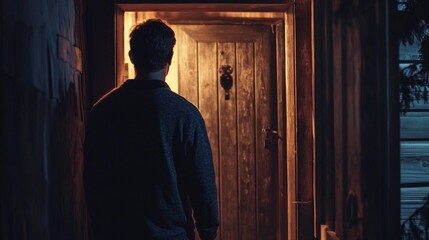 Naklejka premium creepy figure stands dimly lit wooden door knocking persistently Halloween night. ambiance tense and unsettling enhancing sense fear.