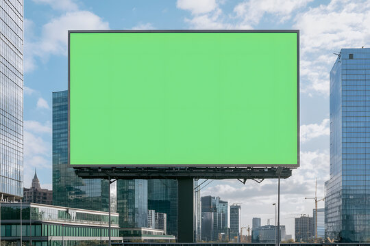 A large green screen billboard mounted on a building, ready for customisable digital content, standing out against the urban landscape.