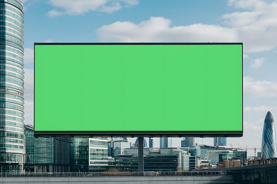 A large green screen billboard mounted on a building, ready for customisable digital content, standing out against the urban landscape.