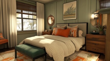 A cozy bedroom with a green color scheme, large windows, a comfortable bed with patterned pillows, a wooden nightstand, and a green bench at the foot of the bed.