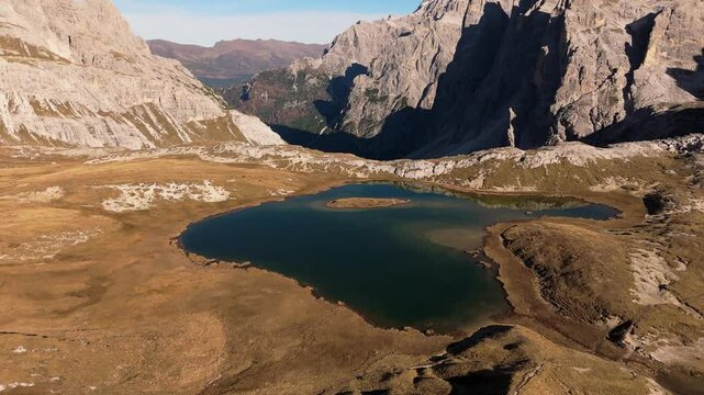 Laghi dei Piani from the refugio Locatelli on the Tre Cime hiking trail, Dolomites, Italy, drone video, aerial footage