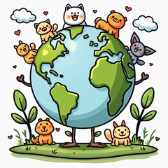 Obraz premium Cute Animals Celebrate Earth Day Cartoon Illustration