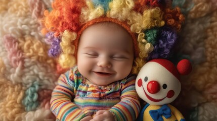 Fototapeta premium Adorable newborn onesie outfit paired with a cheerful toy clown, perfect for creating memorable moments.