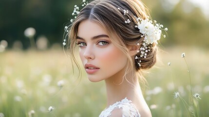 Naklejka premium Portrait of a Young Woman in a Floral Meadow with Delicate Flowers in Her Hair, Capturing Natural Beauty and Elegance in a Serene Outdoor Setting