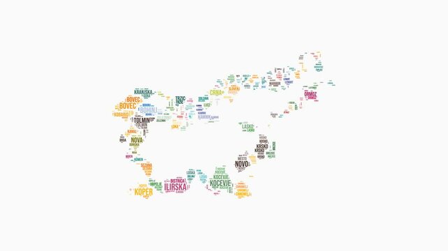 Slovenia regions word cloud animation. Country logo animated video. Slovenia colored text cloud. Regions typography style motion graphics. Amazing video.