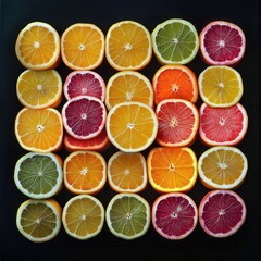 Artistic arrangement of vibrant citrus fruits sliced in half, capturing the vitamin C and antioxidant benefits