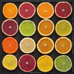 Fototapeta premium Artistic arrangement of vibrant citrus fruits sliced in half, capturing the vitamin C and antioxidant benefits