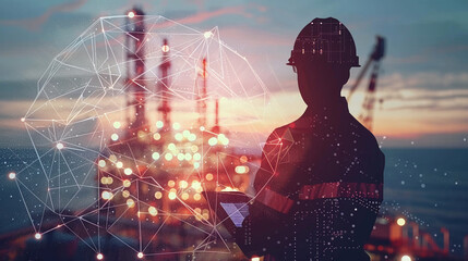 A worker observes offshore oil rig operations at sunset while analyzing data on a digital tablet amidst illuminated platforms and machinery in the background