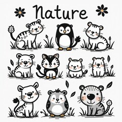 Naklejka premium Cute Animal Illustrations: Simplified Vector Line Art