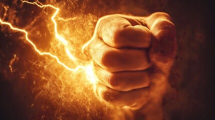 Dramatic glowing fist with lightning and fire special effects against dark background in powerful punch gesture, copy space
