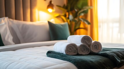 Cozy hotel room interior with white rolled towels on bed with warm lighting and houseplant, copy space
