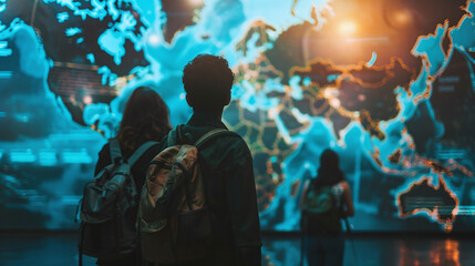 Visitors observe a large digital map display showcasing global geography and interactive data in a...