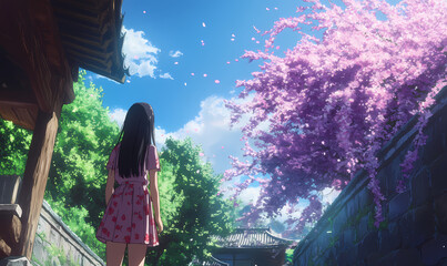 Obraz premium Cherry Blossom Dream: A solitary figure stands amidst a vibrant tapestry of pink cherry blossoms and lush greenery, gazing towards a sky filled with floating petals.