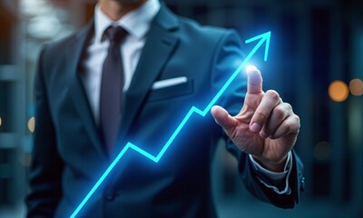 Business growth concept businessman touching glowing upward arrow