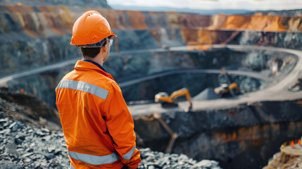 A construction worker observes quarry operations during daylight, wearing safety gear while standing on rocky terrain near heavy machinery