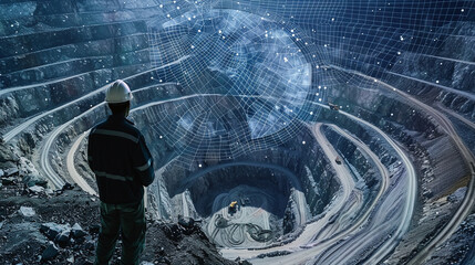 A worker observes the expansive depths of an active mine while digital projections illustrate mineral deposits overhead, showcasing modern mining techniques in real time