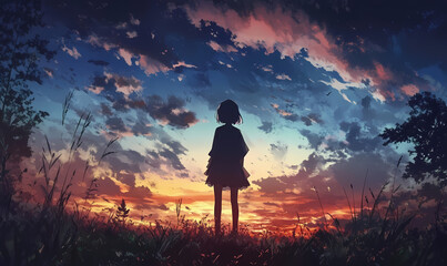 Obraz premium Sunset Silhouette: A solitary girl stands amidst tall grass, silhouetted against a vibrant sunset and dramatic cloudscape. The image evokes a sense of contemplation and quiet solitude.
