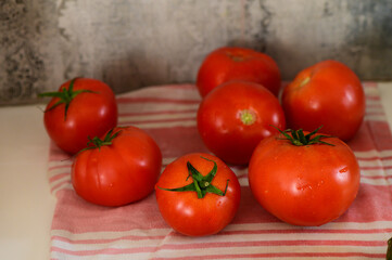 Freshly harvested ripe tomatoes arranged on a vibrant kitchen cloth in warm afternoon light