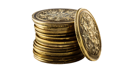 Tall stack of golden coins with detailed engravings, bright metallic reflections, isolated on white, cut out 