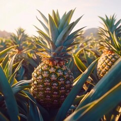 Fototapeta premium Closeup footage on a ripe pineapple fruit growth of pineapple field, on a sunny day
