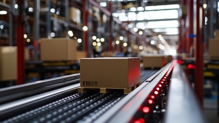 Close-up of cardboard boxes moving on a conveyor belt in an industrial warehouse, showcasing automation in logistics and packaging.