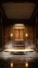 Luxurious marble hallway with elegant leather sofa and wooden panels