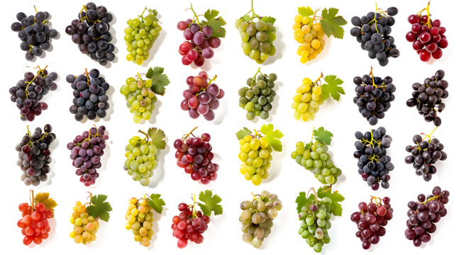 Set of fresh grapes in different colors like green, red, and black, arranged in small clusters, isolated on white, cut out